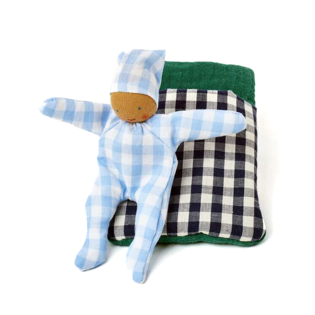 Baby with sleeping bag check blue